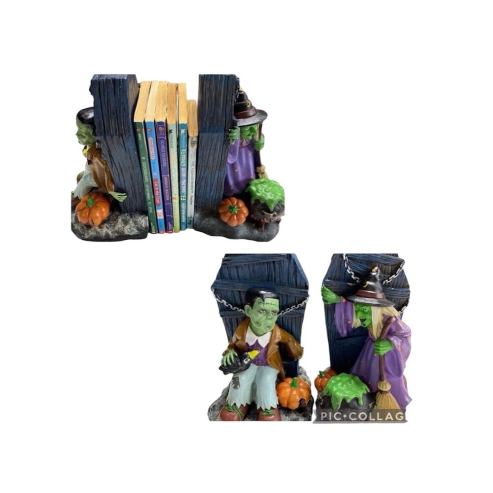 Vintage Spooky Graveyard Headstone Frankenstein & Witch Resin Halloween Bookends